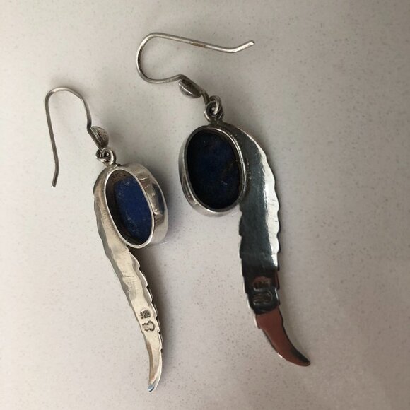 Vintage Genuine Lapis and Silver 325 Stamped Earrings w Feather Design Size OS - Picture 4 of 4